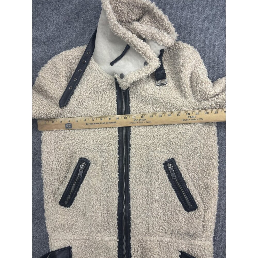 Zara Woman Jacket Womens Small Beige Sherpa Teddy Fleece Biker Moto Zip Pockets - Picture 6 of 8